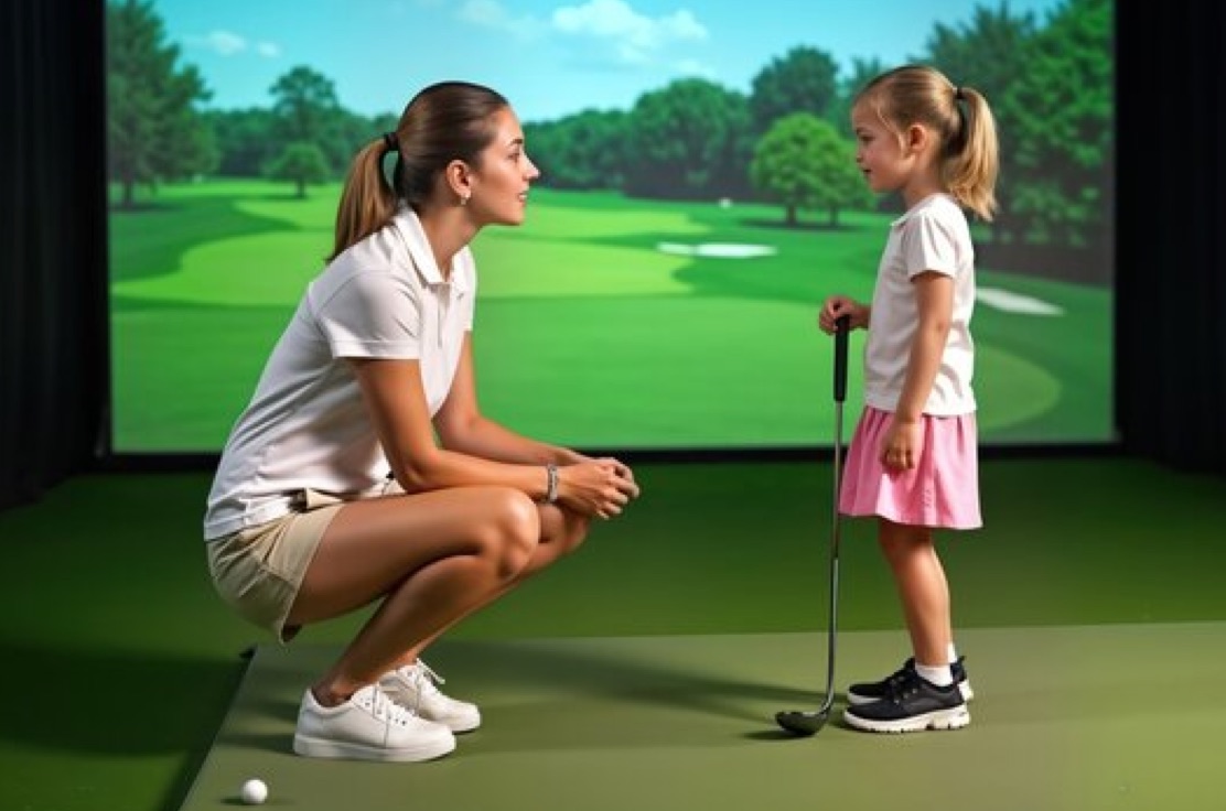 Photo of Swing Bays lady golf coach with youth golfer girl.